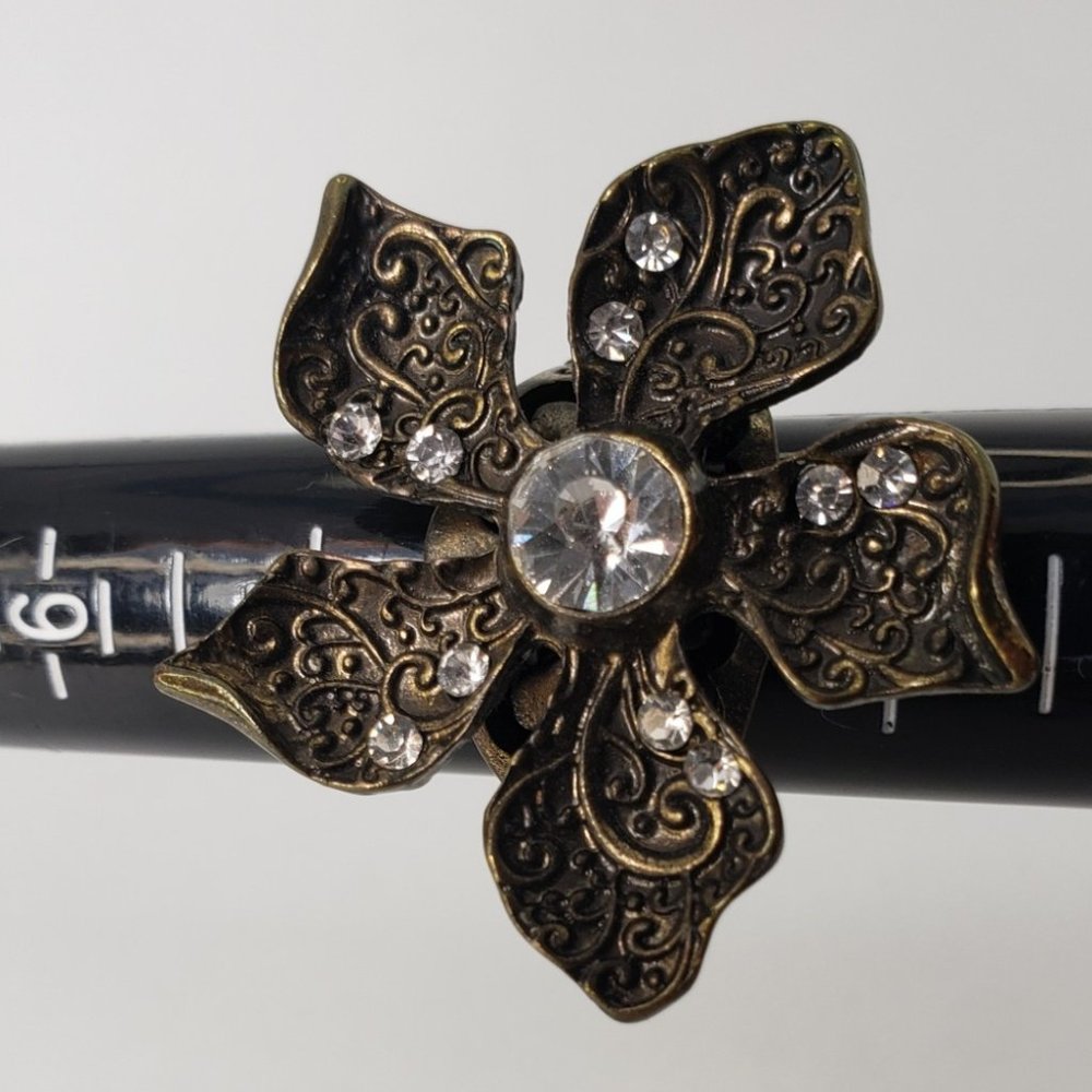 Antique Bronze Tone Flower Stretch Ring with Crystal Accents